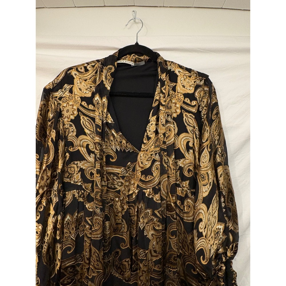 Alice + Olivia Silk Mini Dress Small Black Gold Paisley Tie Neck Goth Glamour - Picture 5 of 13